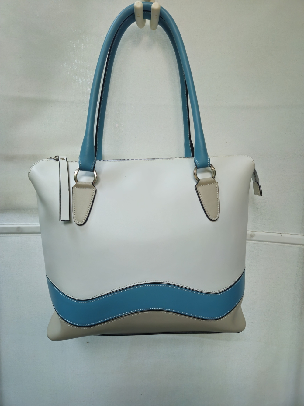 NICOLE Italian Genuine Leather Colorblock Tote Shoulder Bag White Blue NWOT
